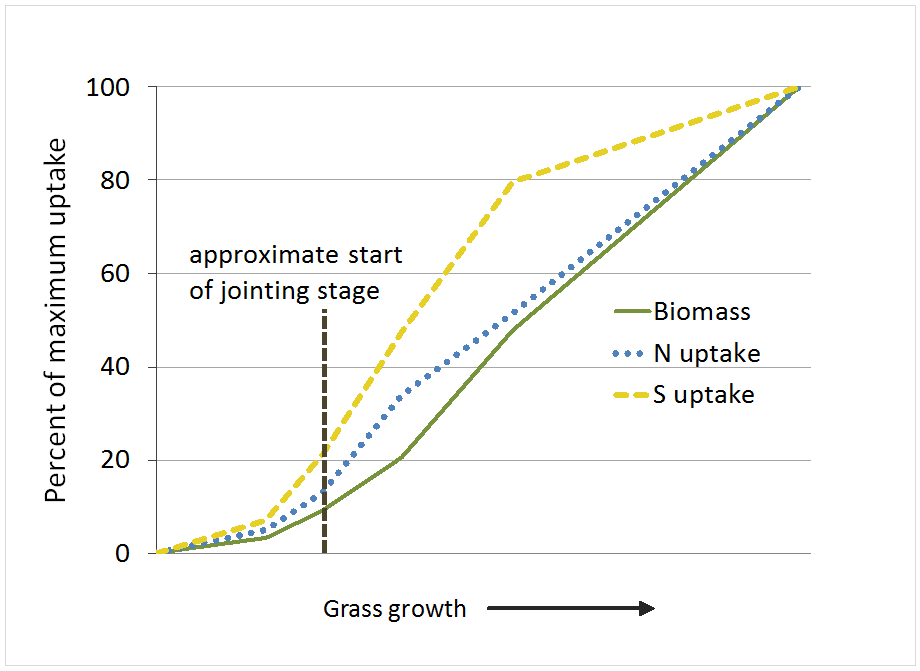 Grass: N and S uptake increase around joint stage.