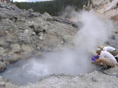 An image of MSU LRES students getting samples from a thermal feature