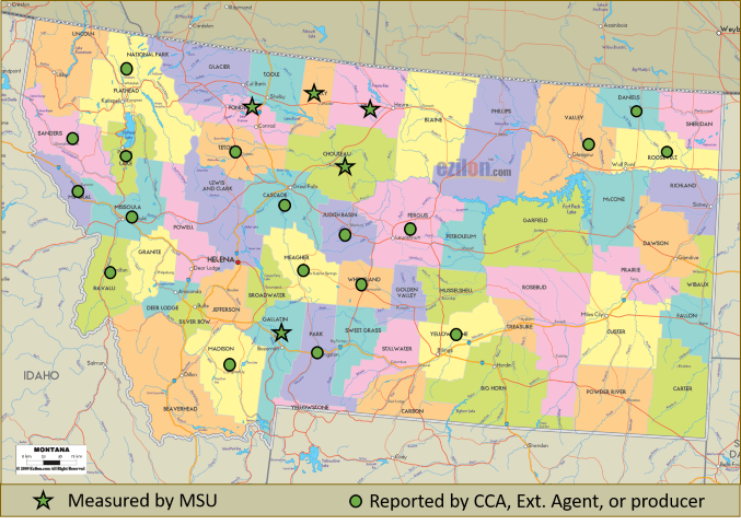 Figure 1. Counties in MT with at least one low pH field identified