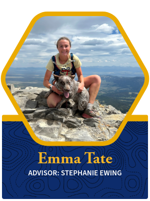 Emma Tate bio photo of her on top of a mountain with dog