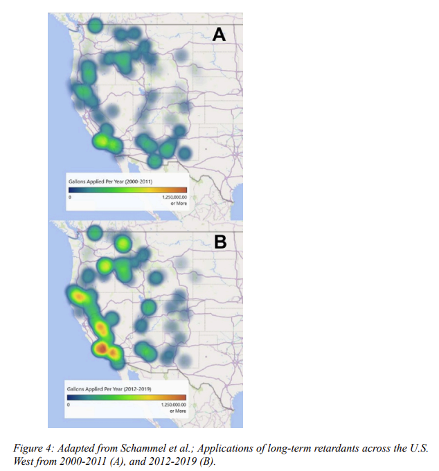  Maps adapted from Schammel et al.; Applications of long-term retardants across the U.S. West from 2000-2011 (A), and 2012-2019 (B).