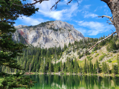 a landscape shot of Fairy Lake in Bozeman, MT, a view of Sacajawea Peak