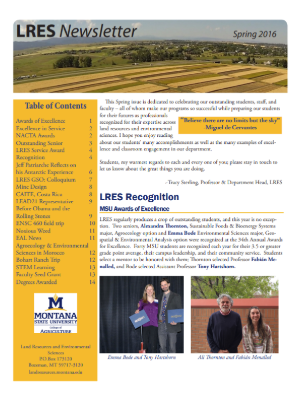 Screenshot of front page of the Spring 2016 LRES Newsletter