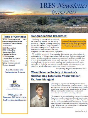 Screenshot of first page of the Spring 2021 LRES Newsletter