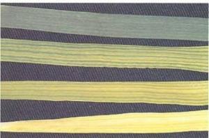 Four wheat leaves ranging from healthy and dark green to yellow and severely iron deficient, characterized by inter veinal chlorosis