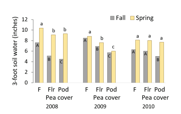 Figure 1: Soil water mid fall and the following spring after fallow (F) and pea terminated at either flower (Flr) or pod. Bars with different letters within a year and season are different with 95% confidence (5, Amsterdam, MT).