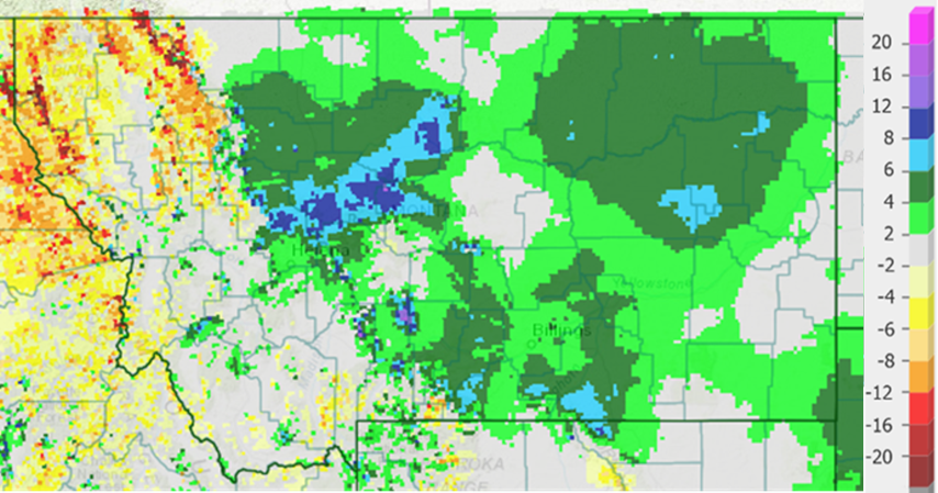 Figure 1. Departure from normal MT precip mid-Sept to mid-March 2019 in inches, generated by National Weather Service