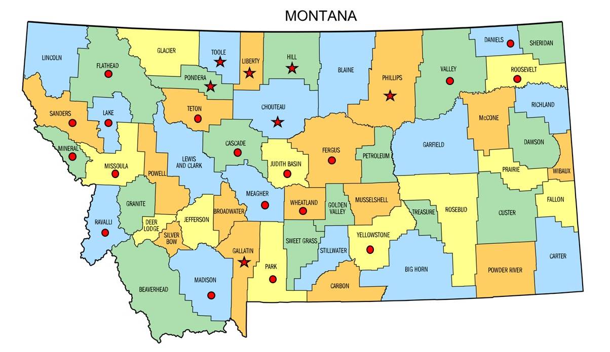 Figure 1. Montana Counties in which fields with soil pH < 5.5 have been found