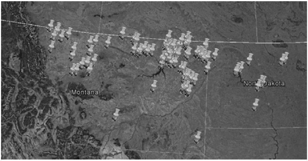 Location of farms in Montana and North Dakota that submitted pea samples.