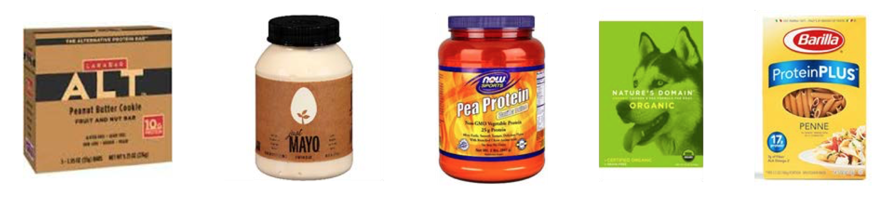 Various consumer products containing pea protein